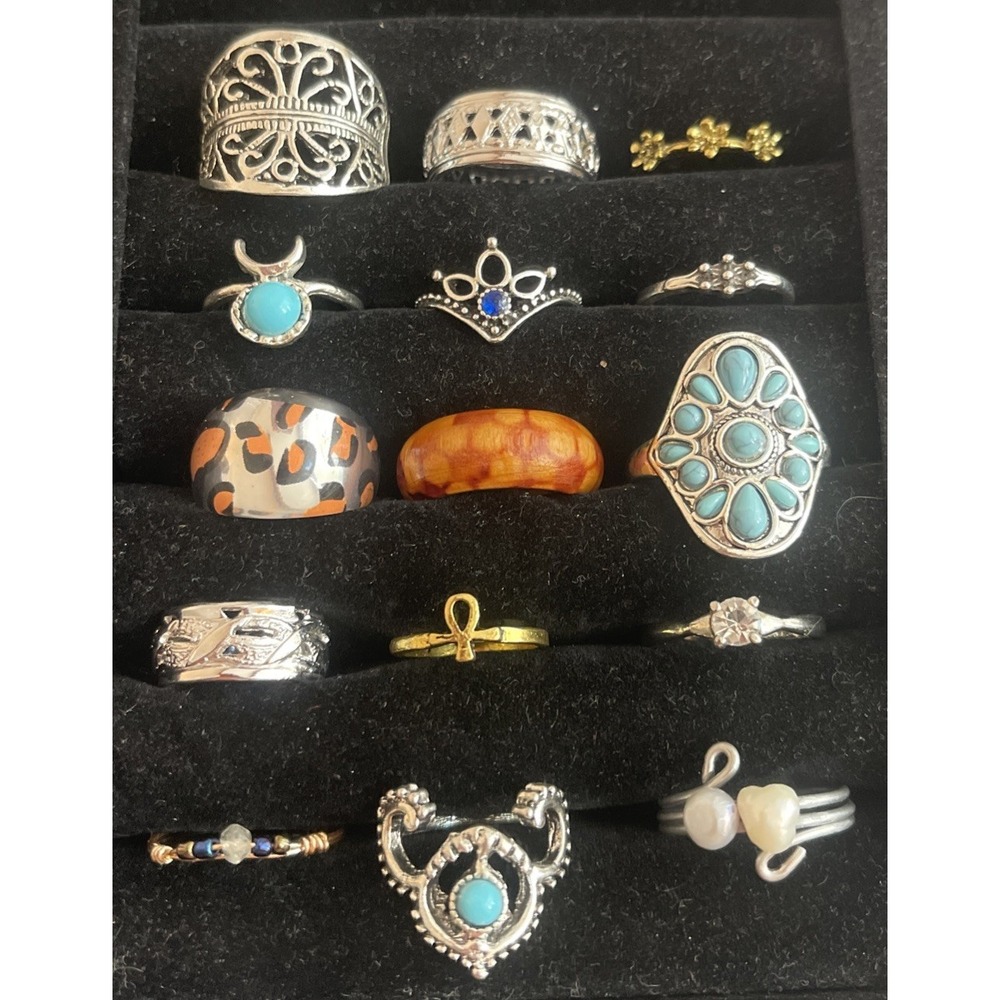Lot of 15 Costume Rings Beads Stones Silver Gold Tone #6